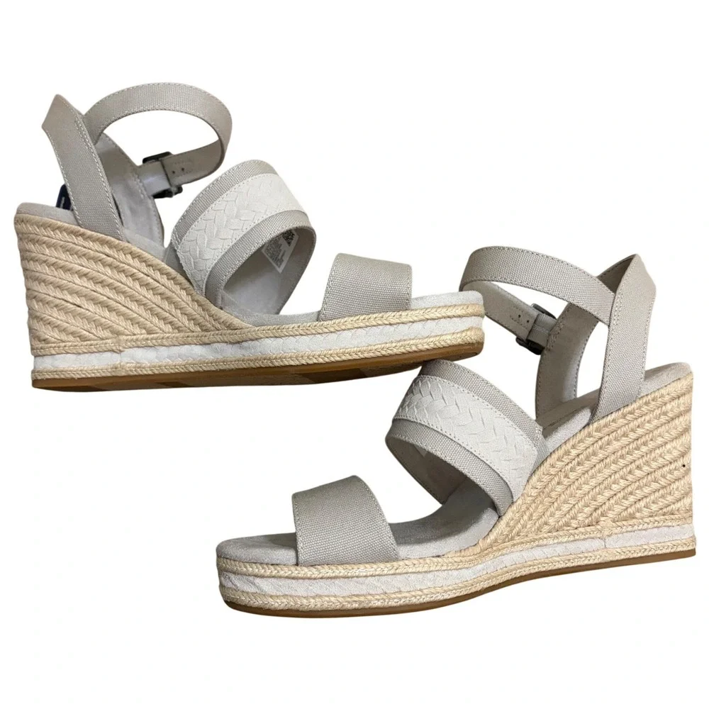 NEW TOMS Madelyn Pebble Grey Wedge Sandals Sz 12 Canvas Braided Suede Espadrille